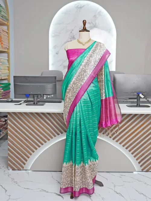 Elegant Semi Tussar Silk Saree with Artistic Prints & Trendy Checks – Includes Printed Blouse with Tassels